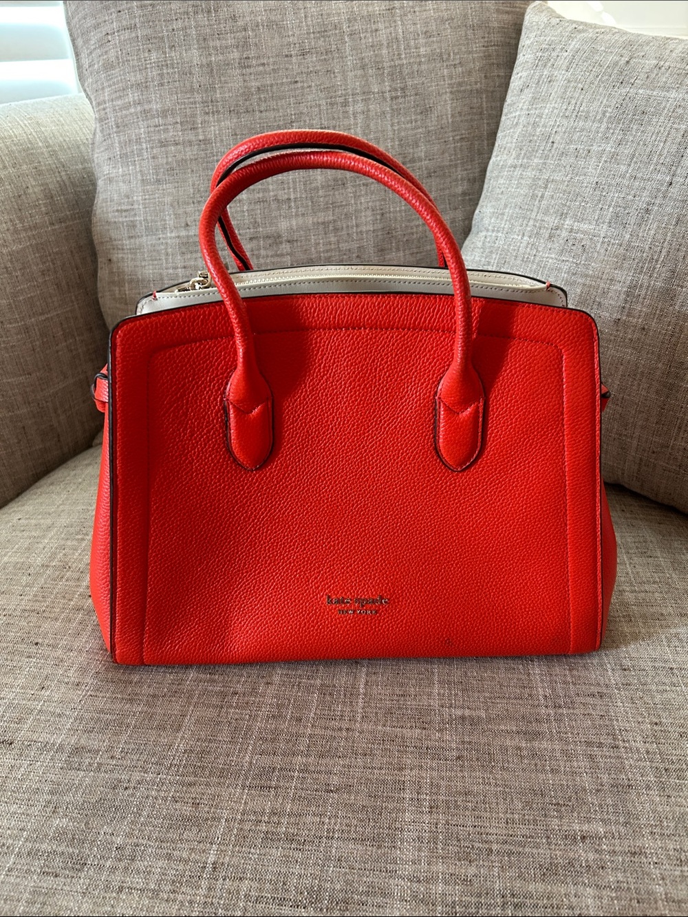 kate spade Red Leather Double-Handle Satchel with Cream Trim